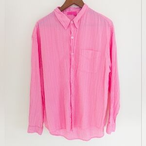 Fresh Produce Button Down Blouse Pink Striped Size Large Oversized Relaxed